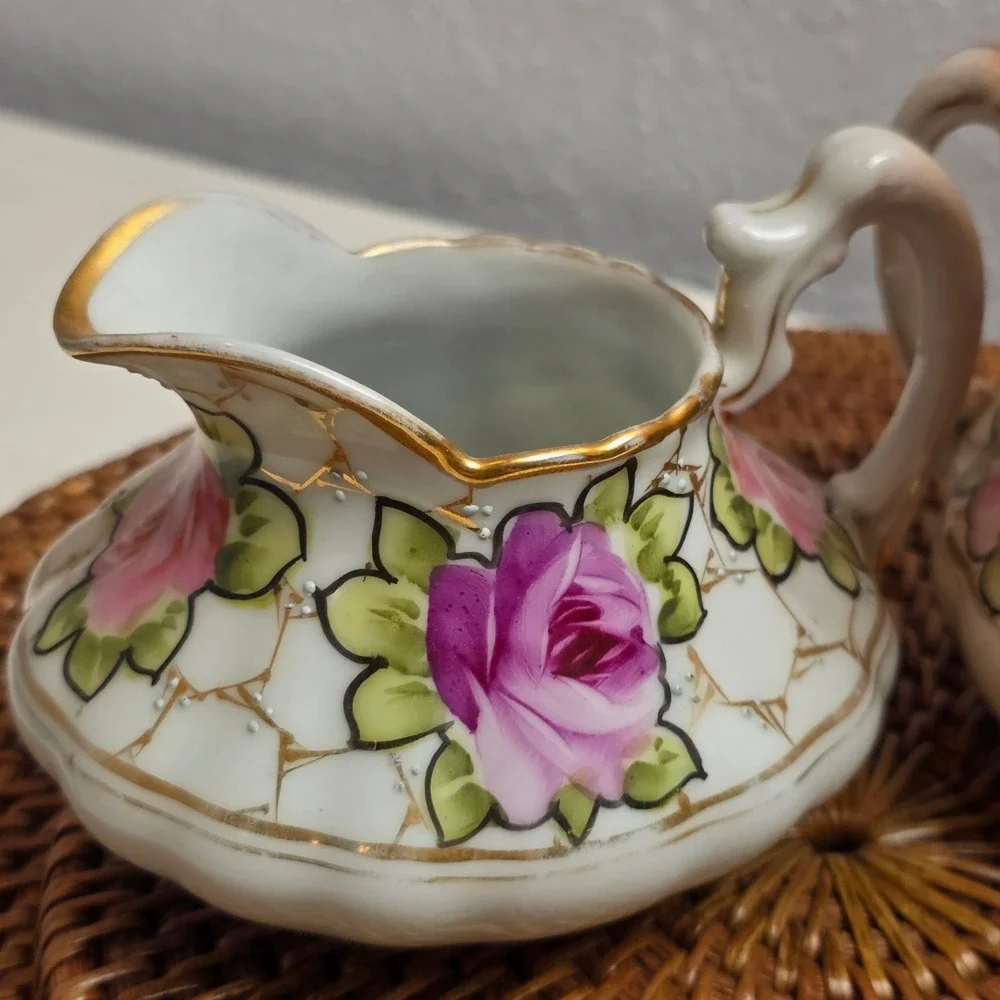 Antique 1890s Nippon Hand Painted Rose Porcelain Creamer & Sugar Bowl Set No Lid
